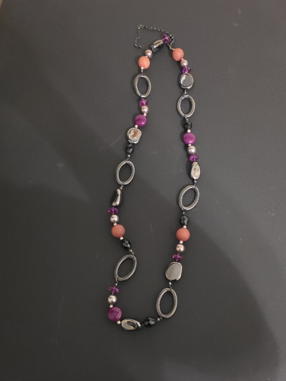 Black and Purple Long Beaded Necklace. In EUC